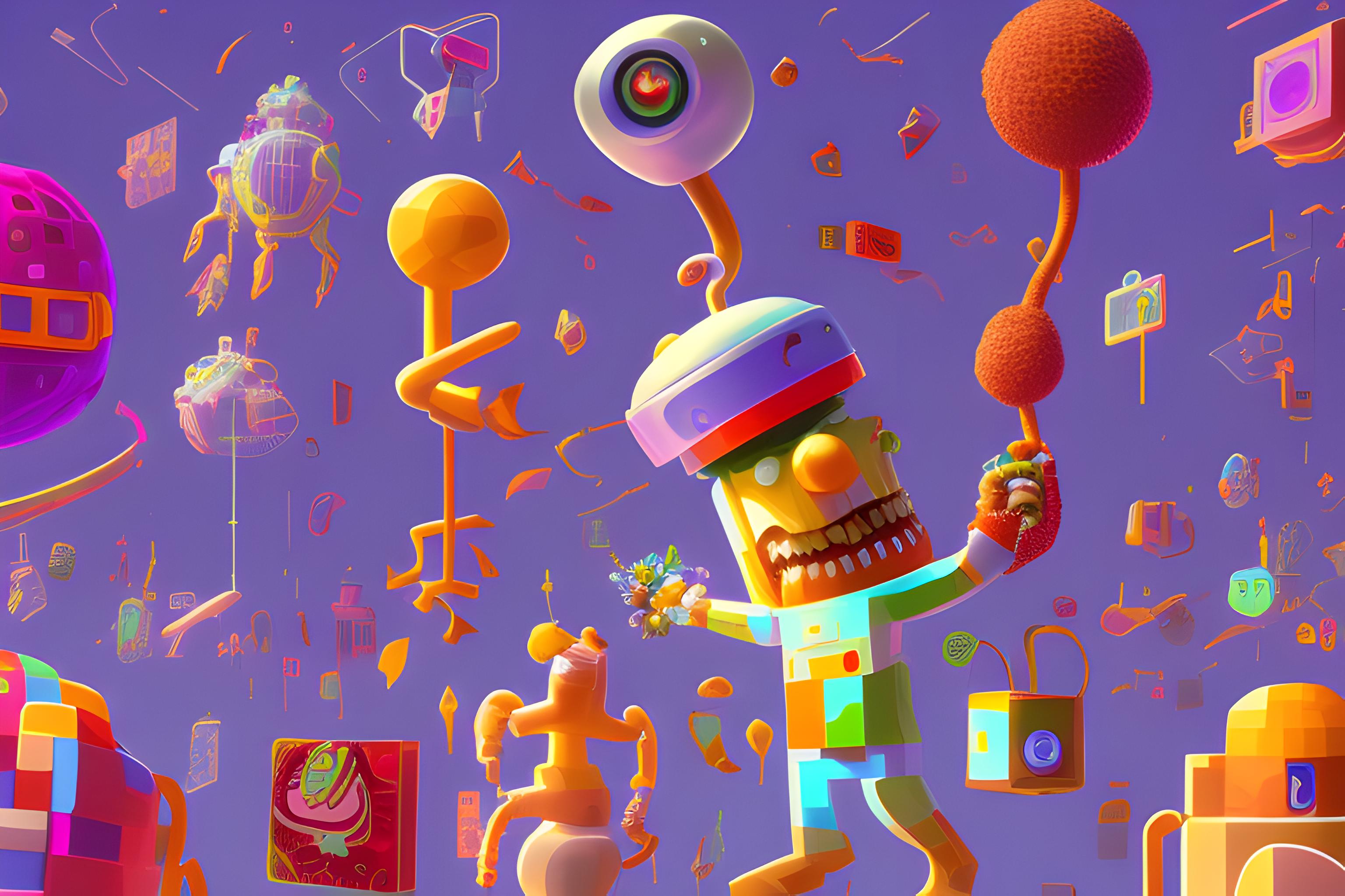 Create a high-detail desktop wallpaper in 16:9 format, featuring a chaotic surreal collage of AI mascots inspired by major language models and chatbots, mixed together in a broken internet aesthetic. The scene should combine cute and strange AI mascot characters with a voxel/blocky world inspired by sandbox games, digital ruins, glitch textures, pop-up windows, corrupted browser tabs, error messages, broken UI, cable chaos, neon screens, floating icons, and a dystopian “big tech overload” feeling. Include references to internet culture, fragmented interfaces, old web energy, cyber trash, and digital decay. The composition should feel dense, layered, immersive, and slightly absurd, as if the internet is collapsing into a playful tech wasteland. Use a mix of 3D cartoon rendering, collage des